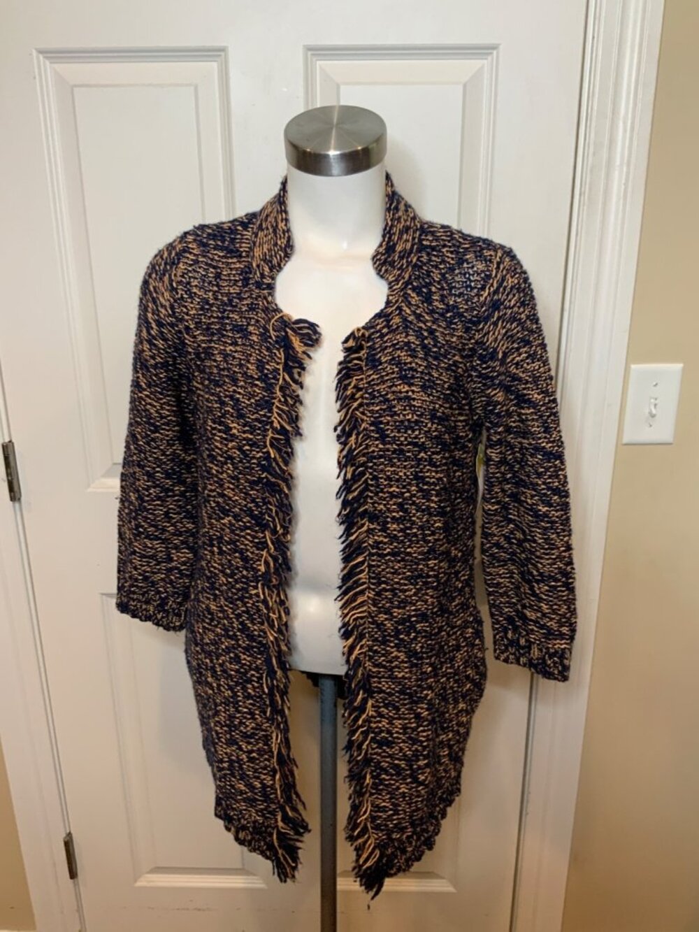 Anthropologie Sparrow Blue & Orange Marled Cardigan W/ Fringe, Size S